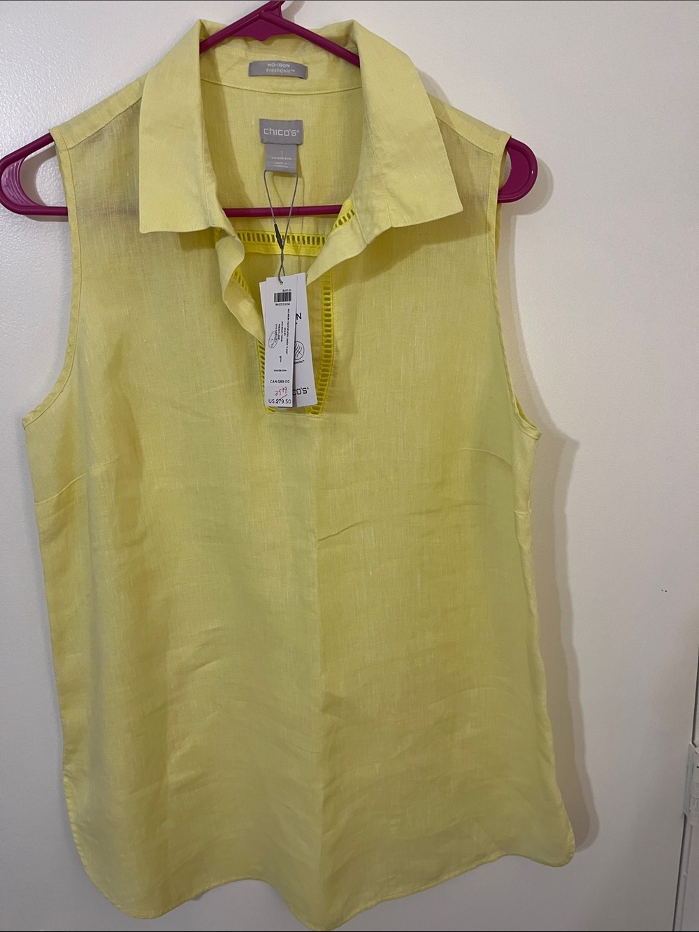 Chico's Lemon Yellow Sleeveless Collared Button-Front Shell
